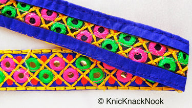 Blue Cotton Fabric Mirrored Trim With Embroidery In Fuchsia Pink, Green, Red & Yellow Threads